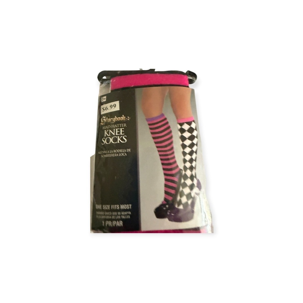 Storybook Mad Hatter Knee High Socks Womens OSFM Pink Black Halloween Costume - Picture 2 of 4